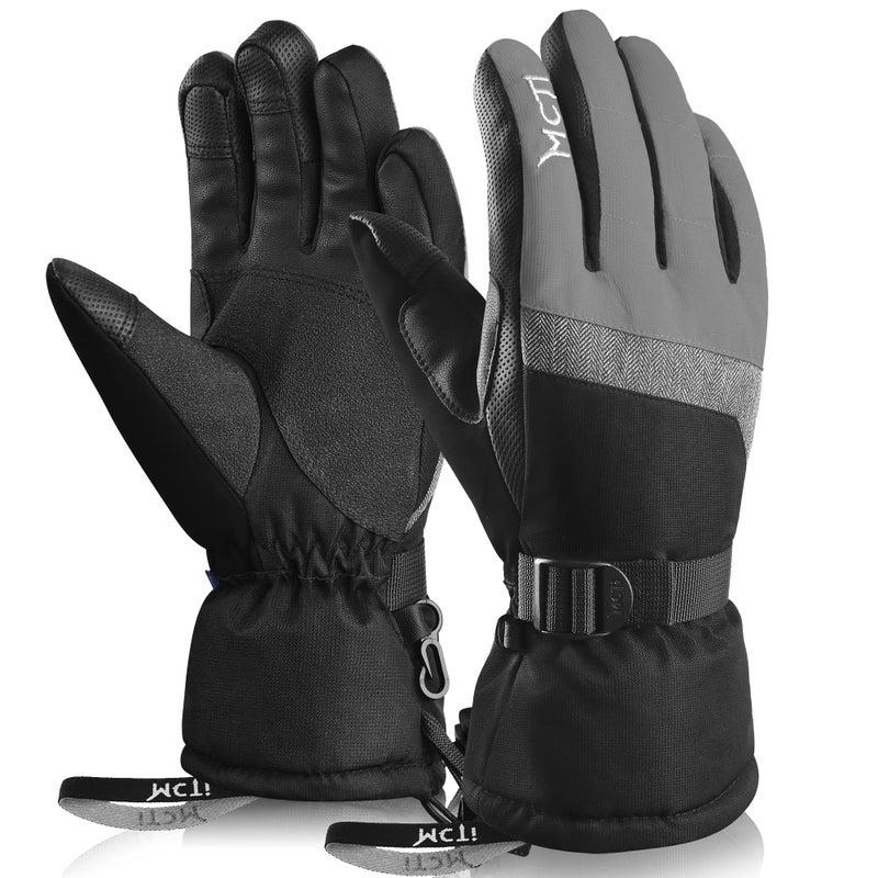 MCTi Ski Gloves,Winter Waterproof Snowboard Snow 3M Thinsulate Warm Touchscreen Cold Weather Women Gloves Wrist Leashes Grey Large - Image 1